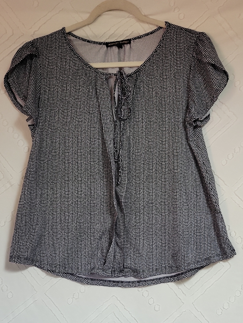 Always Indigo  Black and White Tie-Neck Flutter Sleeve Blouse